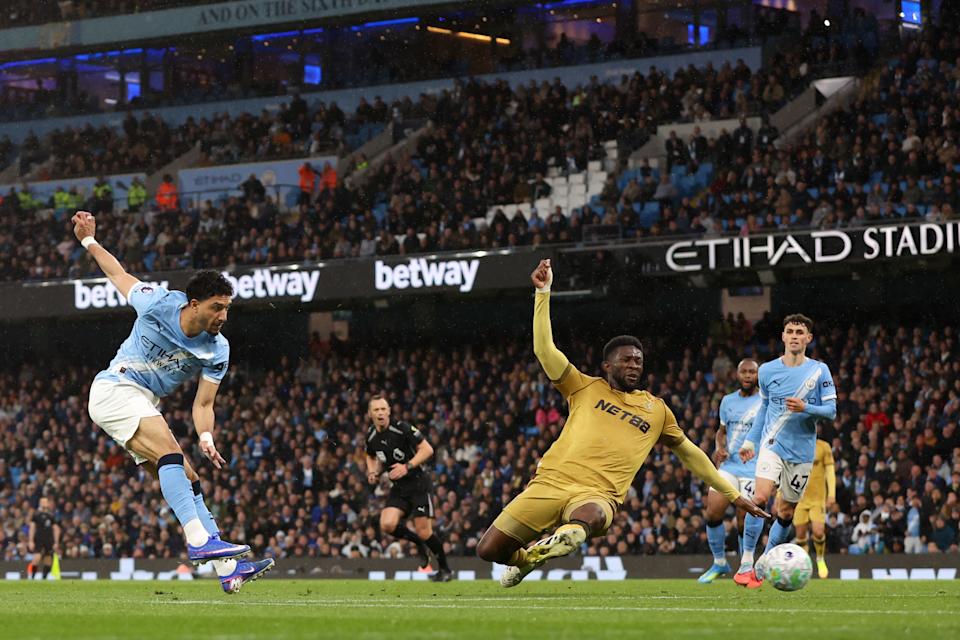 MANCHESTER, ENGLAND - MAY 13: Omar Marmoush of Manchester City scores the sides second goal to make it 2-0 during the Premier League match between Manchester City and Crystal Palace at Etihad Stadium on May 13, 2026 in Manchester, England. (Photo by MB Media/Getty Images)